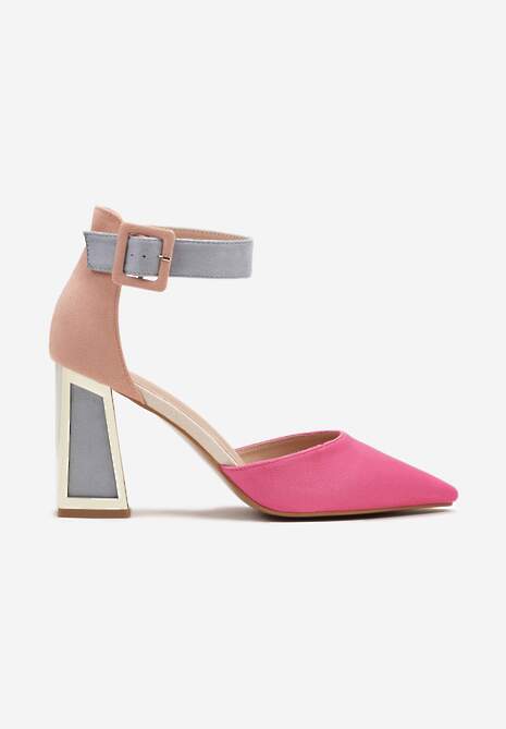 Fuksjowe Czółenka na Stożku Ozdobione Paskiem Wokół Kostki i Metaliczną Aplikacją Tiliri