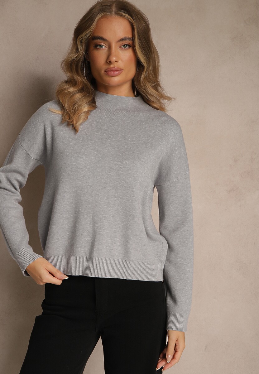 Szary Pudełkowy Sweter z Półgolfem o Gładkim Wykończeniu Unala