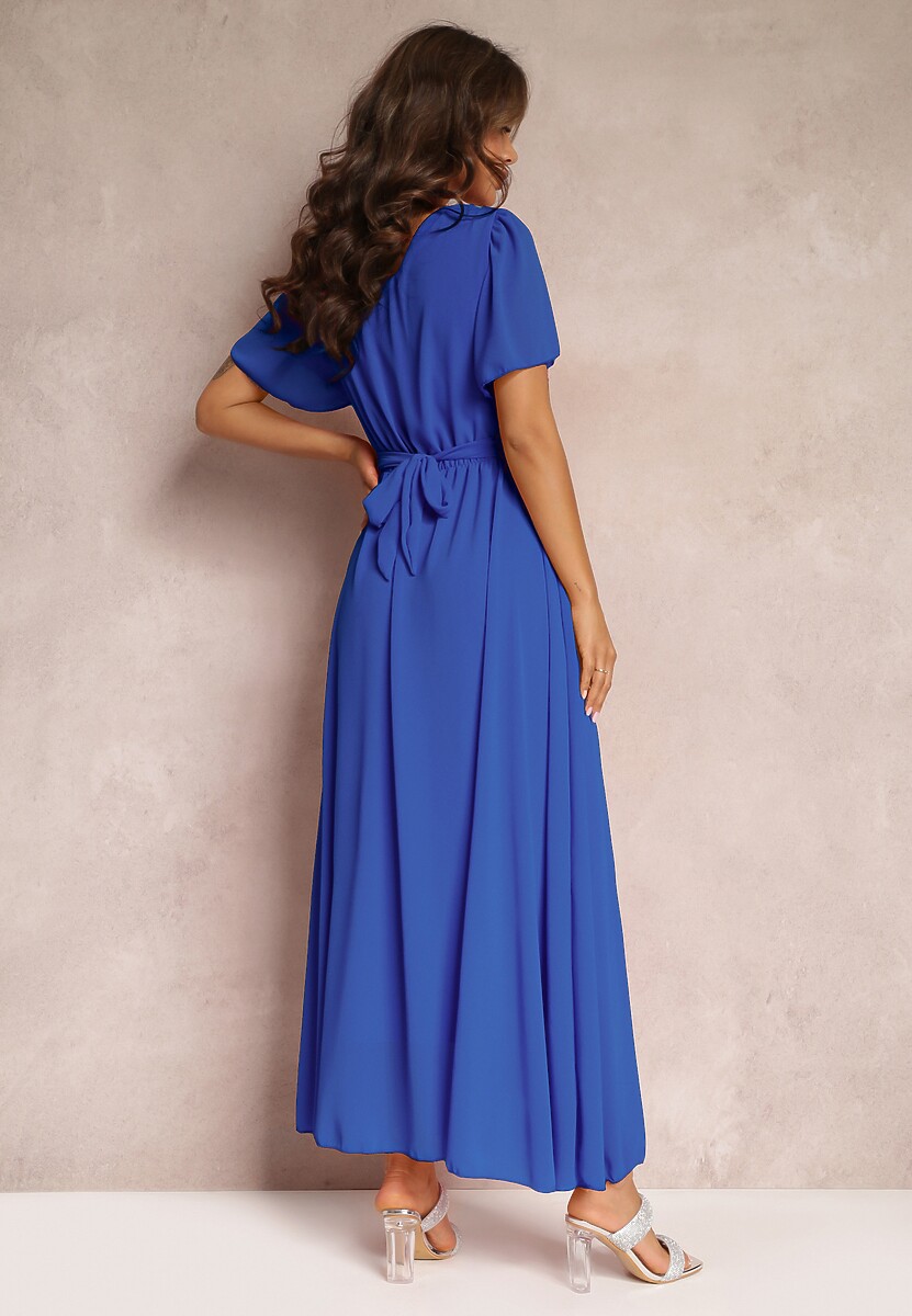 Niebieska Rozkloszowana Sukienka z Kopertowym Dekoltem Obillis