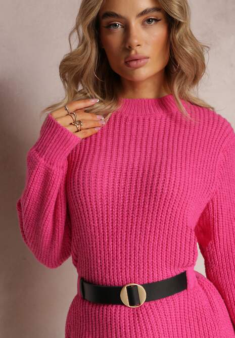 Fuksjowa Sweterkowa Sukienka Prążkowana z Paskiem w Komplecie  Sofiatti