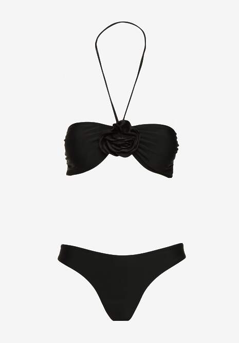 Czarne Bikini ze Spódniczką Ozdobione Kwiatową Aplikacją 3D Coren