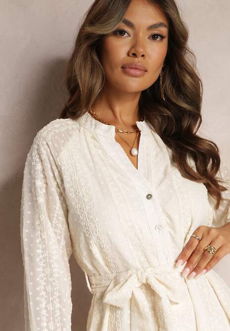 Beżowa Sukienka z Ozdobnym Haftem i Paskiem Deanna