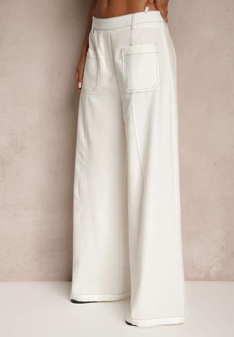 Białe Szerokie Spodnie High Waist z Wiskozą z Ozdobnymi Przeszyciami Linadia