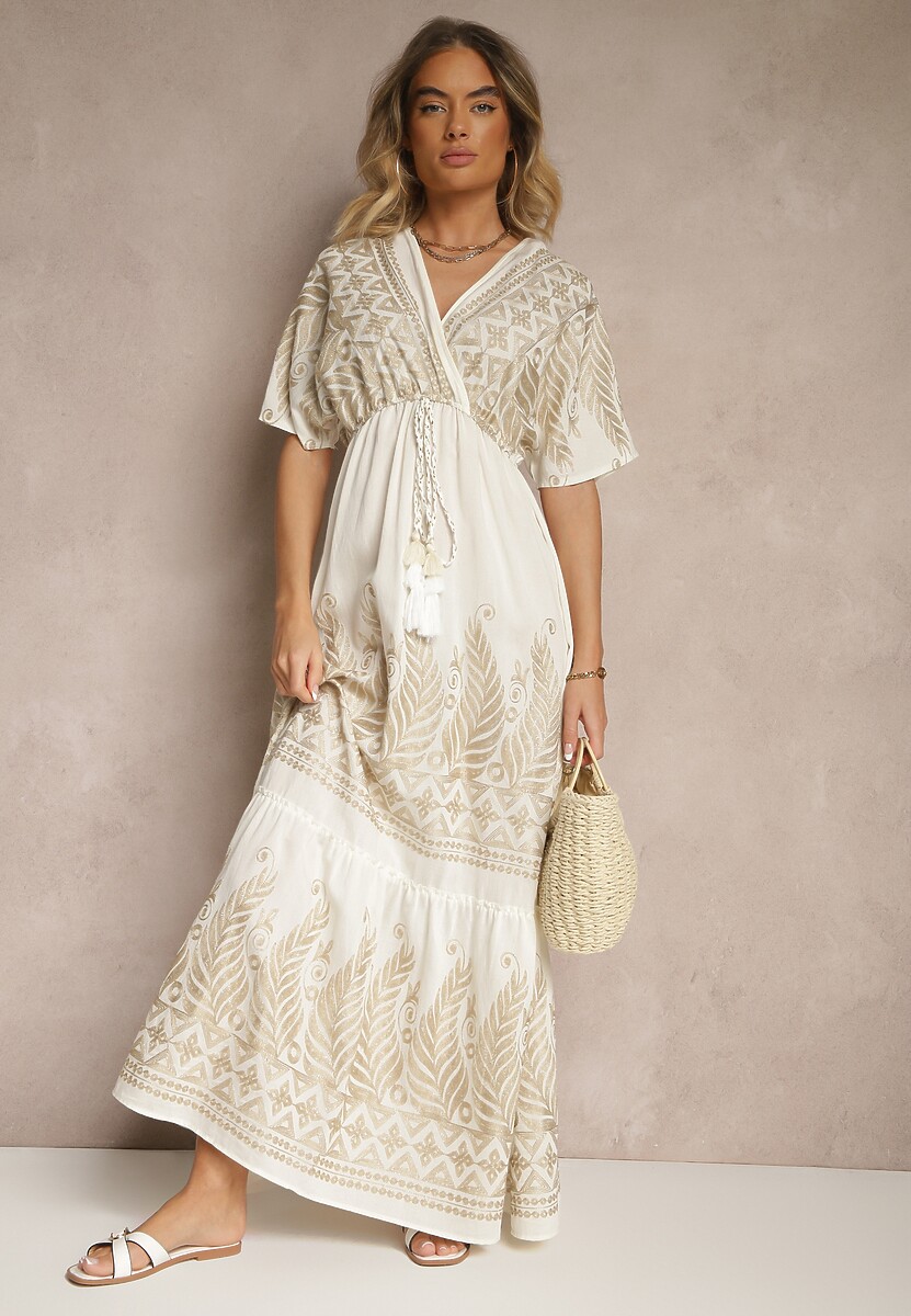 Zielona Wiskozowa Sukienka Kopertowym Dekoltem i Frędzlami Redevie