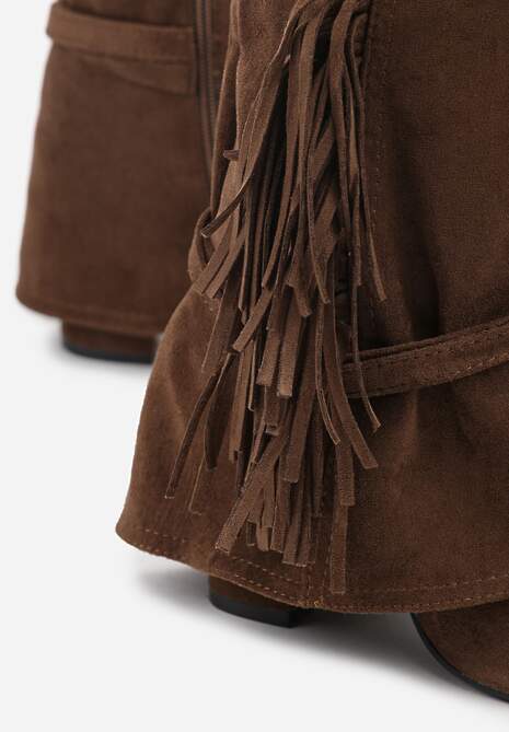Brązowe Botki Boho z Cholewką Imitującą Nogawkę i Frędzlami Zaslie