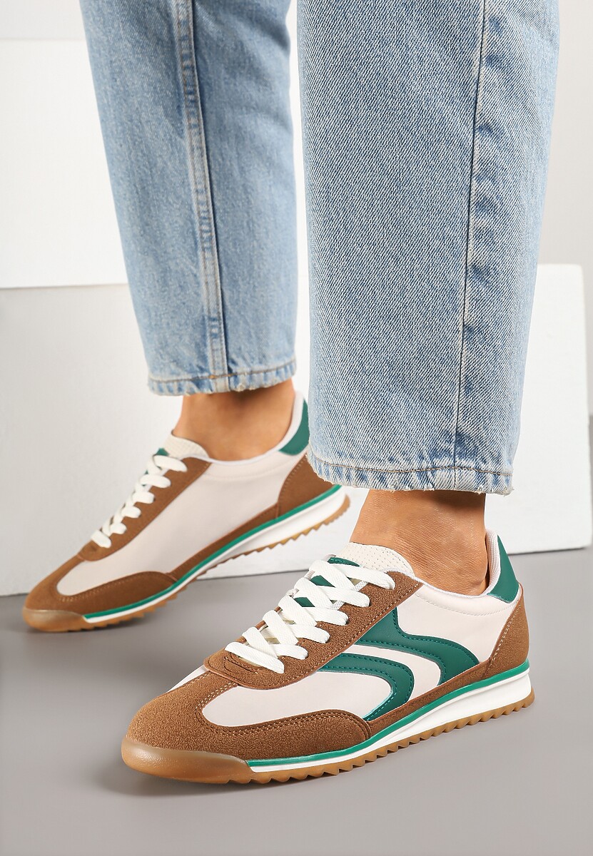 Brązowo-Zielone Sneakersy Tenisówki z Przeszyciami Julioria
