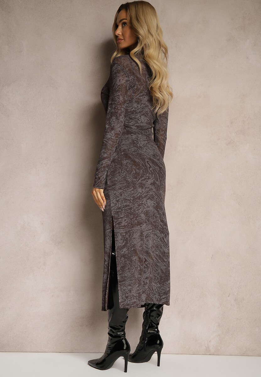 Brązowo-Szara Dopasowana Sukienka z Siateczki z Wiskozą Zdobiona Rozcięciami z Halką Distaria