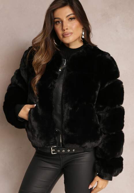 Czarna Futrzana Kurtka z Ozdobnym Paskiem Fitsum