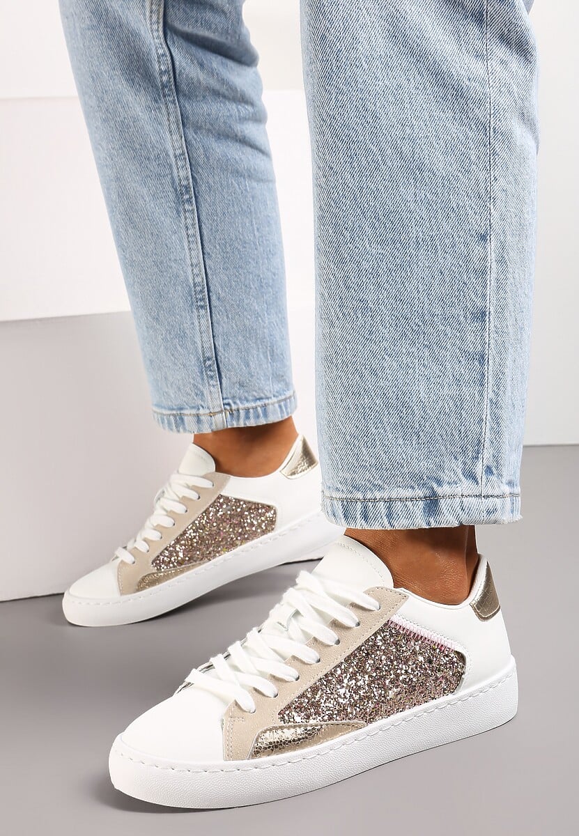 Biało-Złote Sneakersy na Płaskiej Podeszwie z Ozdobnymi Wstawkami i Brokatem Jivina