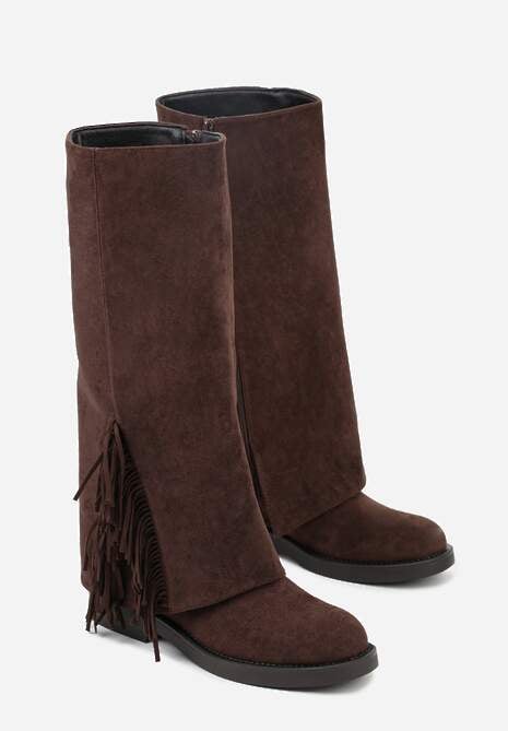 Brązowe Kozaki Ozdobione Frędzlami i Wywiniętą Cholewką Reilevia