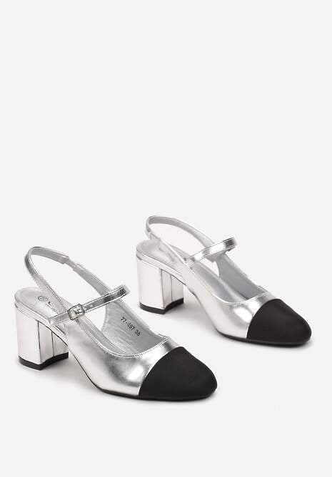 Srebrne Czółenka na Obcasie z Dekoracyjnym Noskiem Sanae