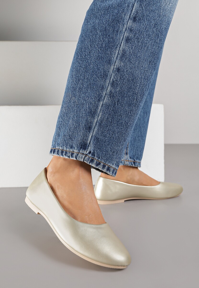 Złote Płaskie Balerinki z Imitacji Skóry Wsuwane z Okrągłym Noskiem  Jemenna