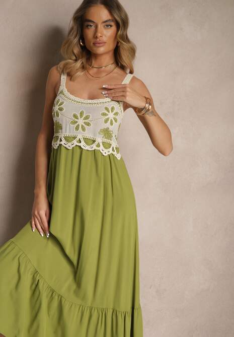Zielona Sukienka z Wiskozy Ozdobiona Haftem Rinastra