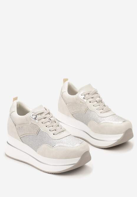 Beżowe Sneakersy na Platformie z Cyrkoniami na Boku Oarema