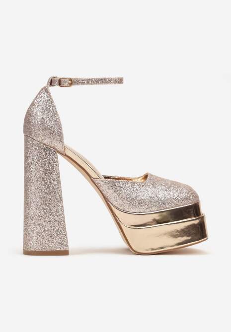 Szampańskie Brokatowe Eleganckie Sandały na Platformie i Słupku Mericiana