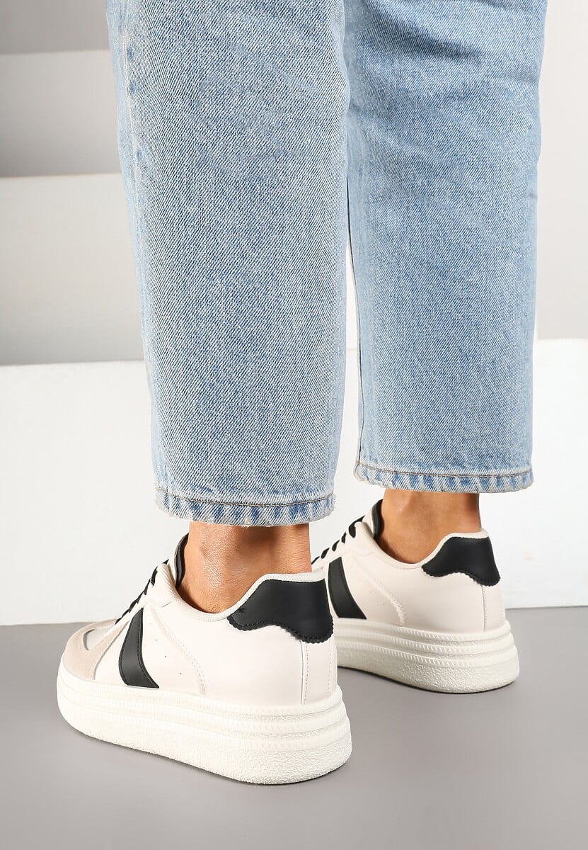 Beżowo-Czarne Sneakersy na Platformie Ozdobione Paskami ze Sznurowaniem Bormi