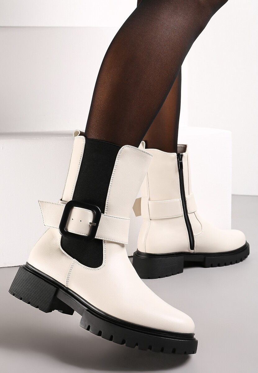 Beżowe Botki z Paskiem i Klamerką Ucheema