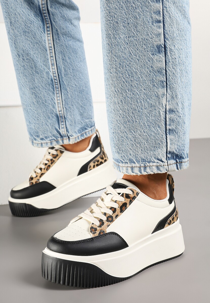 Biało-Czarne Sneakersy na Platformie z Motywem Panterki Fonavia