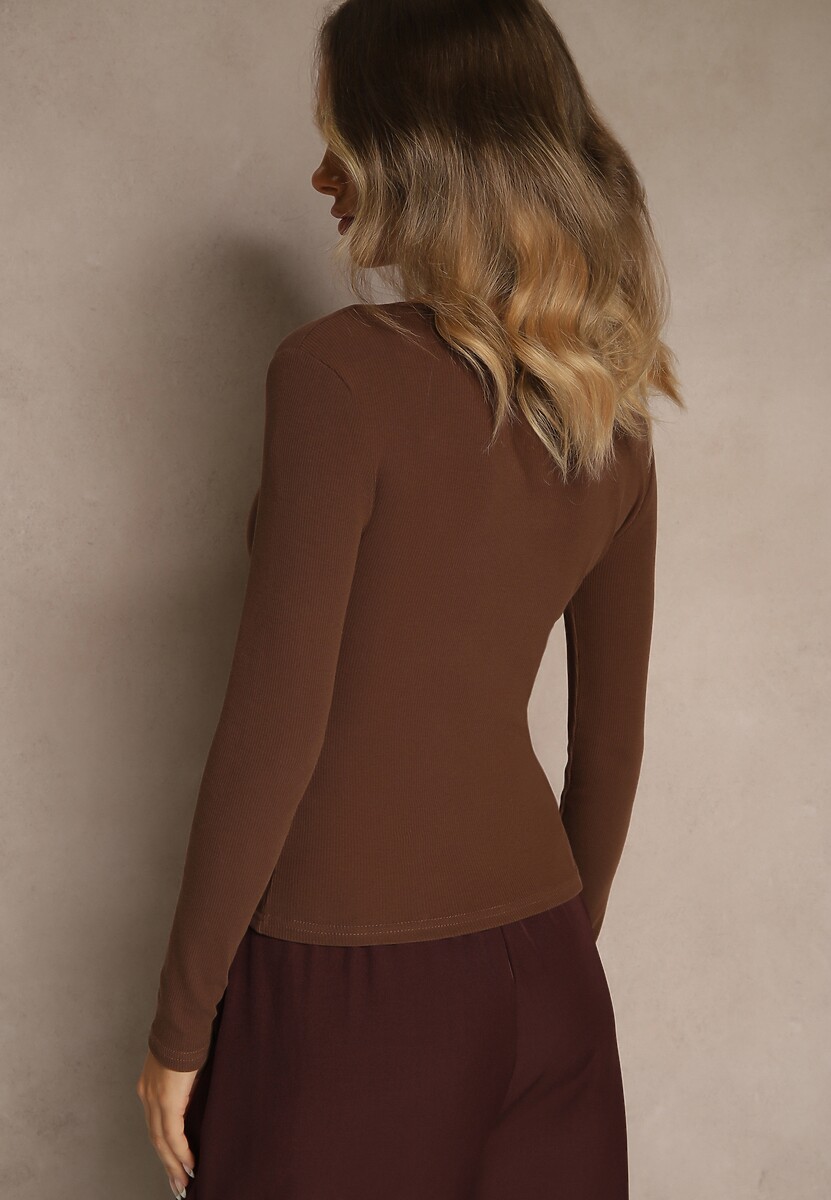 Brązowa Bawełniana Bluzka Longsleeve z Prążkowanej Tkaniny z Guziczkami Amandria