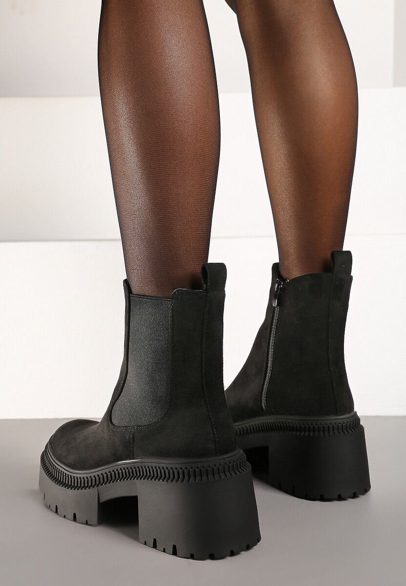 Czarne Botki na Słupku i Platformie Sztyblety Grunge z Elastyczną Cholewką Lericea