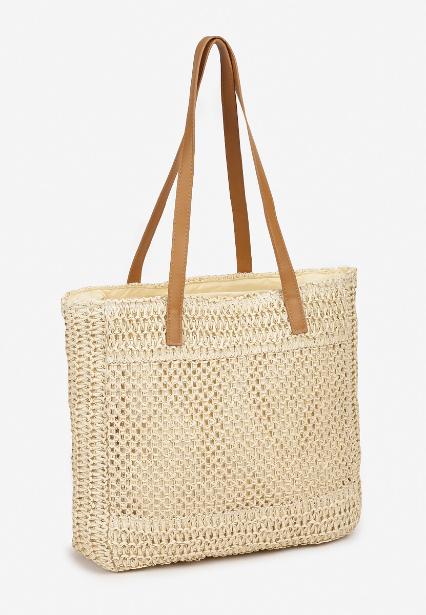 Jasnobeżowa Pleciona Torebka Boho z Naszytym Napisem Jusbia