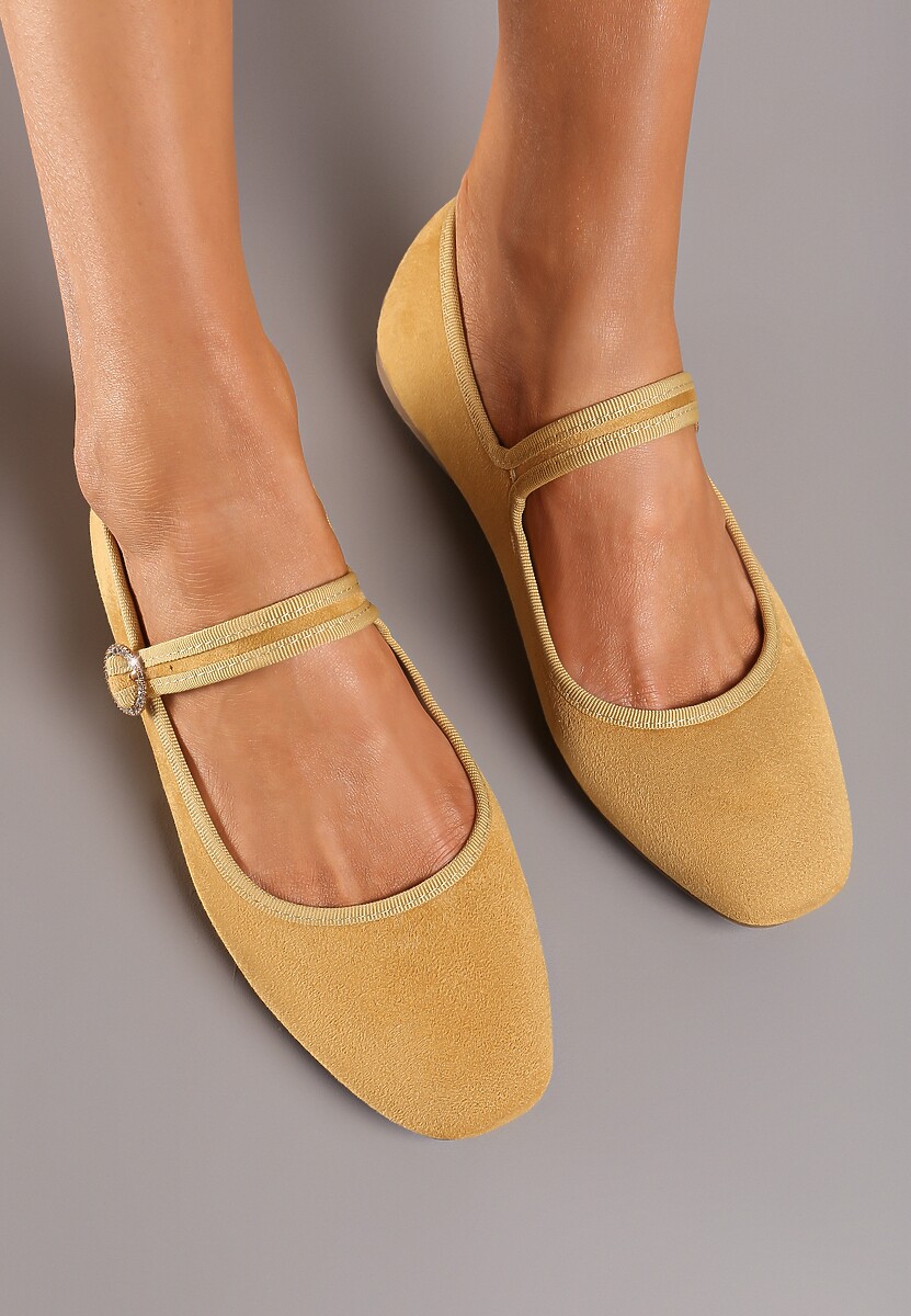 Beżowe Balerinki na Płaskiej Podeszwie z Ozdobnym Paskiem Rishara