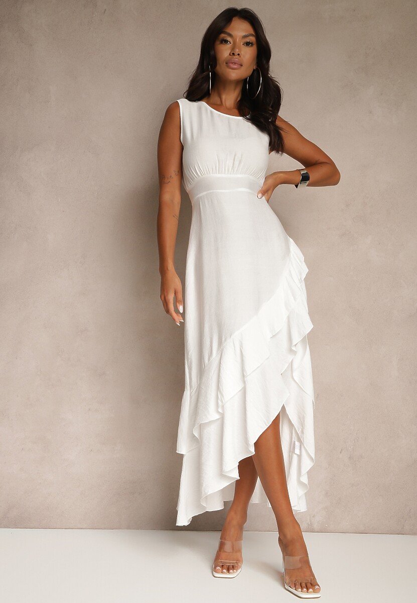 Biała Sukienka z Wiskozą Ozdobiona Falbanami Doloritia