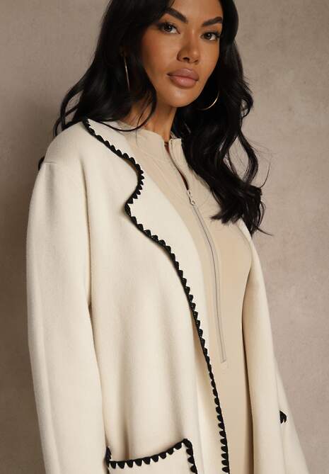 Beżowy Kardigan z Haftowaną Lamówką Tuscele