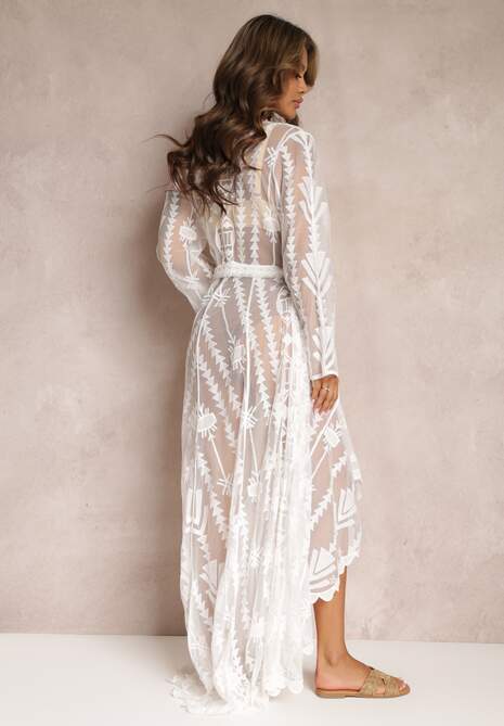 Biała Koronkowa Narzutka Sukienka Maxi z Głębokim Dekoltem i Długimi Rękawami Brianie