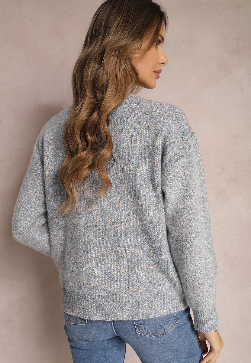 Granatowy Sweter z Ozdobnym Napisem Wykończony Ściągaczami Minisoji