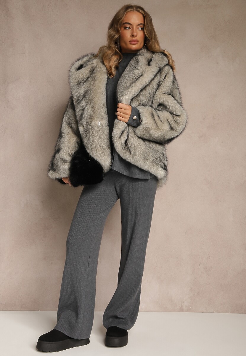 Szary Komplet z Dzianiny z Bawełną Spodnie Kardigan i T-shirt z Golfem Ralonia