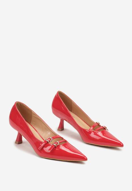 Czerwone Czółenka na Szpilce Kaczuszki z Paskami Zapinanymi na Sprzączki Lilanna