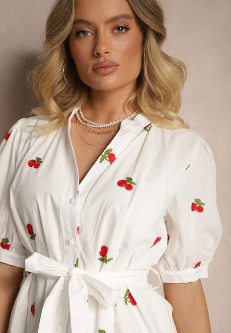 Biała Sukienka z Bawełny o Koszulowym Kroju z Haftem z Wisienkami Delandris