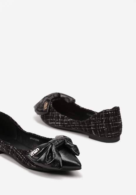 Czarne Balerinki ze Szpiczastym Noskiem i Aplikacją z Kokardą Eleariva