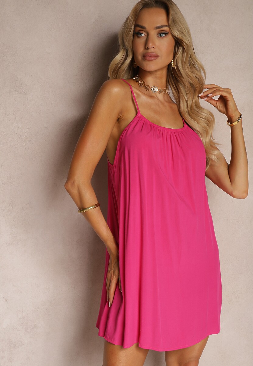 Beżowa Casualowa Sukienka z Wiskozy o Prostym Kroju z Ramiączkami z Regulacją Wilantia