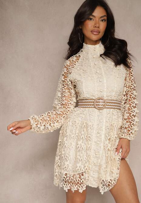 Jasnobeżowa Sukienka z Paskiem Monilla