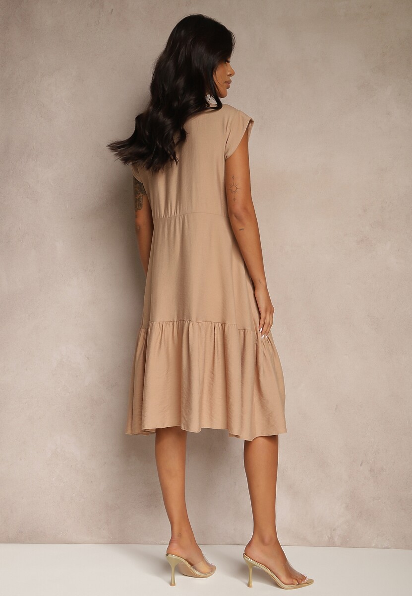 Jasnobrązowa Rozkloszowana Sukienka z Wiskozy Linurea