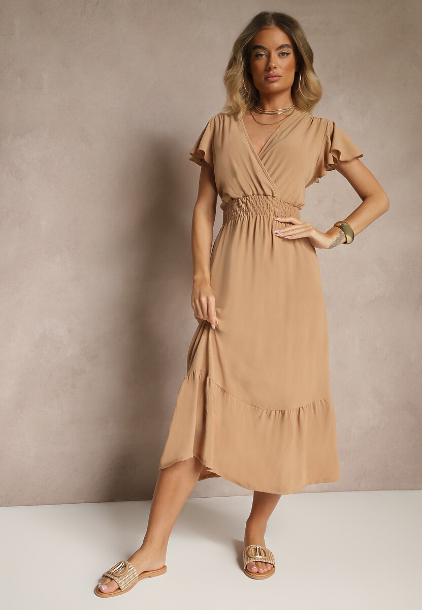 Różowa Kopertowa Sukienka o Rozkloszowanym Fasonie z Gumką w Talii Reivione