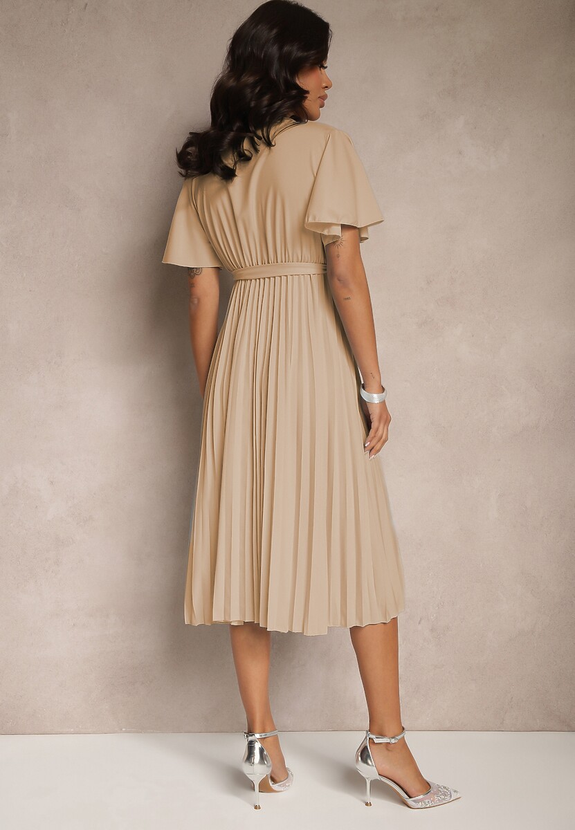 Ciemnobeżowa Sukienka Wiązana w Talii z Plisowaniem na Dole Dorseki