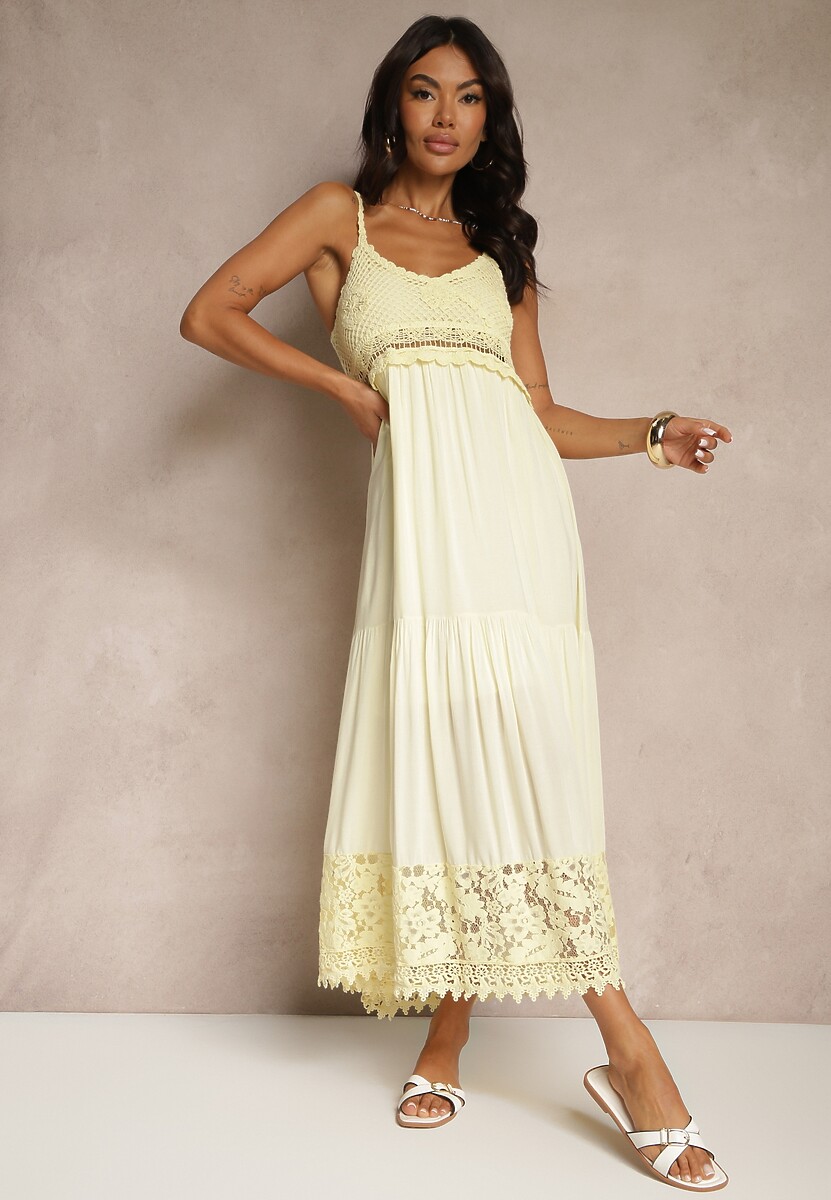 Żółta Rozkloszowana Sukienka z Wiskozy i Bawełny z Koronką na Cienkich Ramiączkach Filaniela