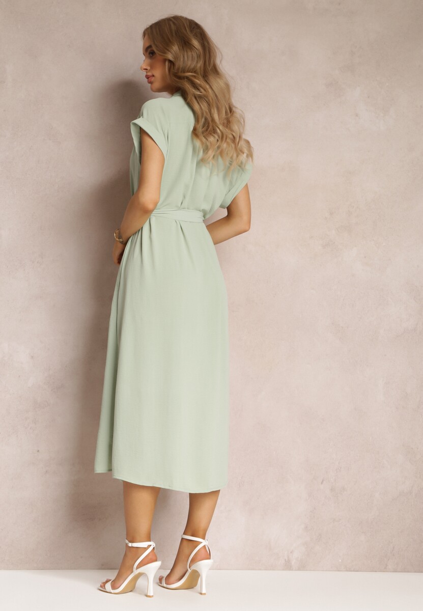 Jasnozielona Koszulowa Sukienka z Krótkimi Rękawami i Wiązanym Paskiem Denalia
