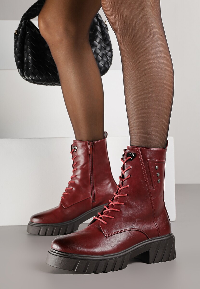 Bordowe Rockowe Botki Workery Zdobione Nitami Eratila