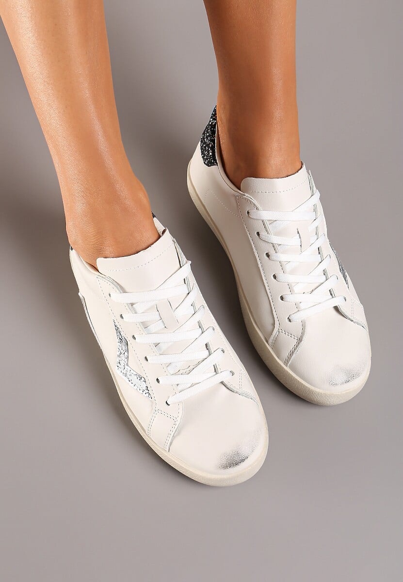 Biało-Czarne Sneakersy Sznurowane z Cholewką przed Kostkę z Brokatem Toneri