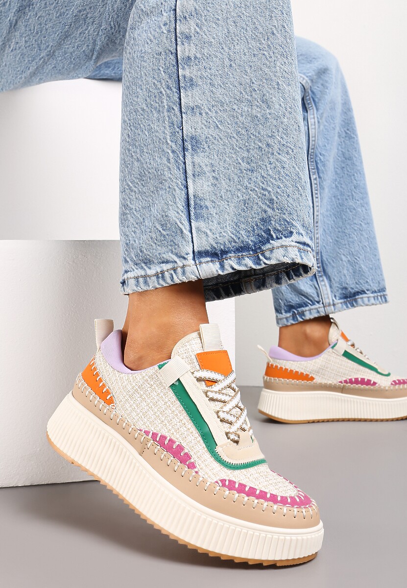 Beżowe Tweedowe Sneakersy na Platformie z Przeszyciem Orilenes
