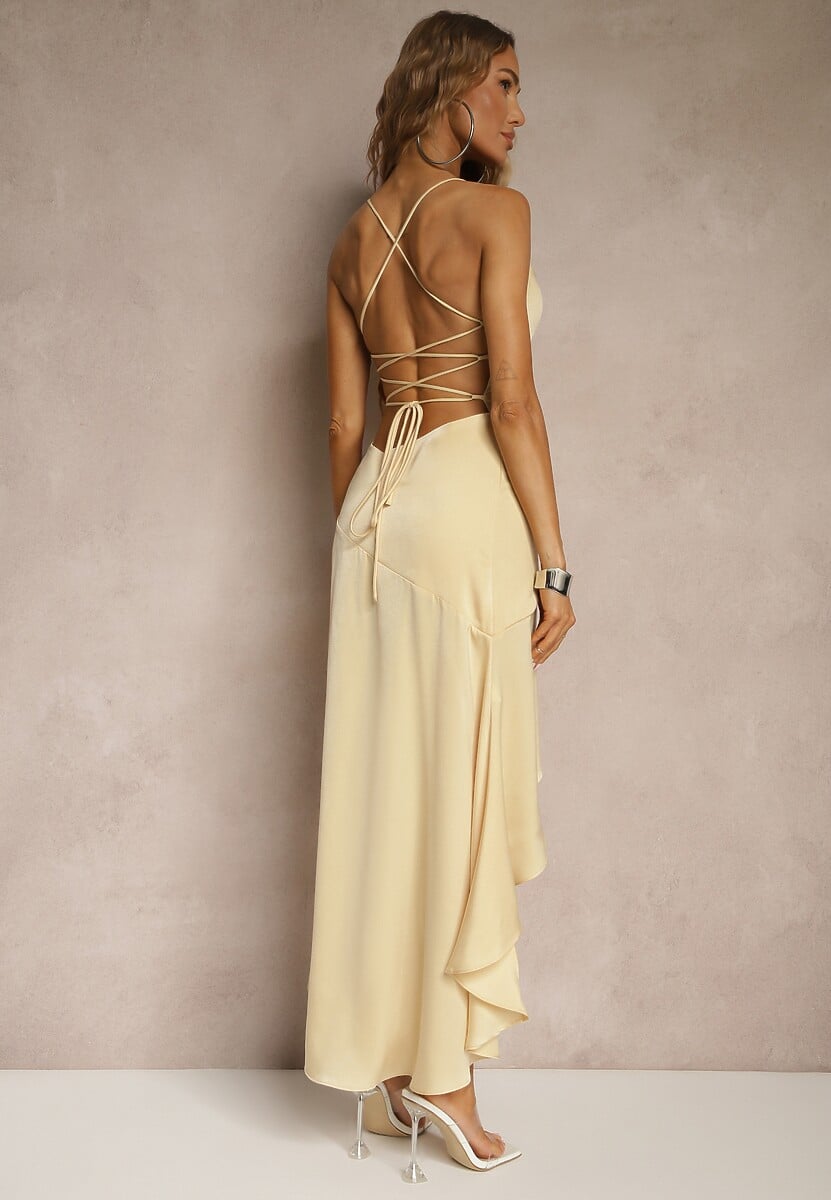 Żółta Sukienka Vices o Rozkloszowanym Kroju z Odkrytymi Plecami i Gorsetowym Wiązaniem Natiere