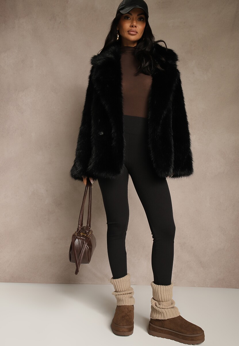 Czarne Legginsy z Prążkowanej Tkaniny z Szeroką Gumką w Pasie Lanoriae