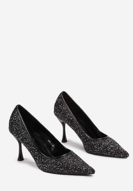 Czarne Brokatowe Szpilki ze Szpiczastym Noskiem Domazina