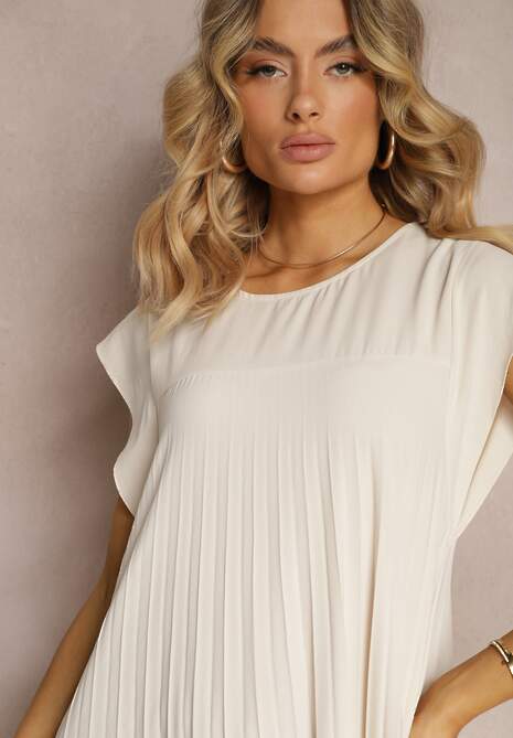 Beżowa Rozkloszowana Sukienka z Plisowaniem i Krótkim Rękawem Hevina