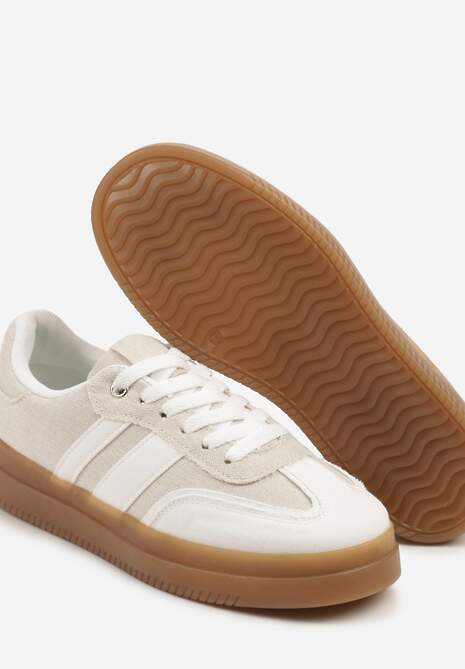 Biało-Beżowe Sneakersy Tenisówki Ozdobione Paskami Falaviela