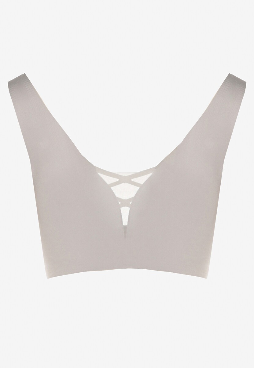 Szary Sportowy Biustonosz Zdobiony Siateczką i Gorsetową Aplikacją Salinalla